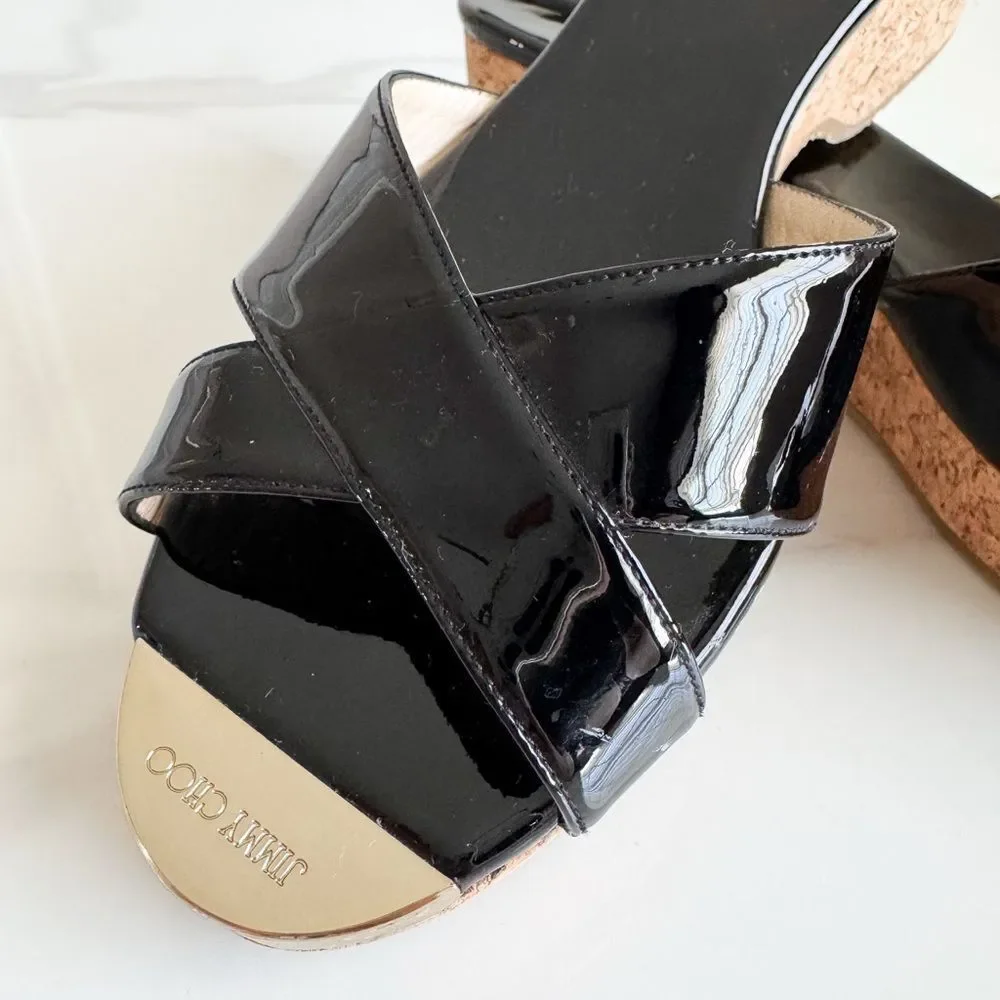 Jimmy Choo Patent Leather Cork Wedge Slide Sandals Black EU 40.5